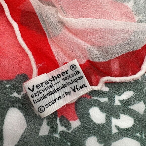 Vintage Scarf Vera Neumann Hand Rolled Edge Red Black Floral Silk Blend Japan - Picture 6 of 9